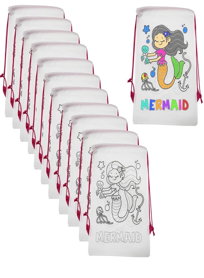 Asera DIY Colouring Bags Birthday Return Gifts Haversack Bags Dori Bags Goody Bags | Set of 12 | Size: 14 x 11 inches | for Kids (Mermaid) - Image 1